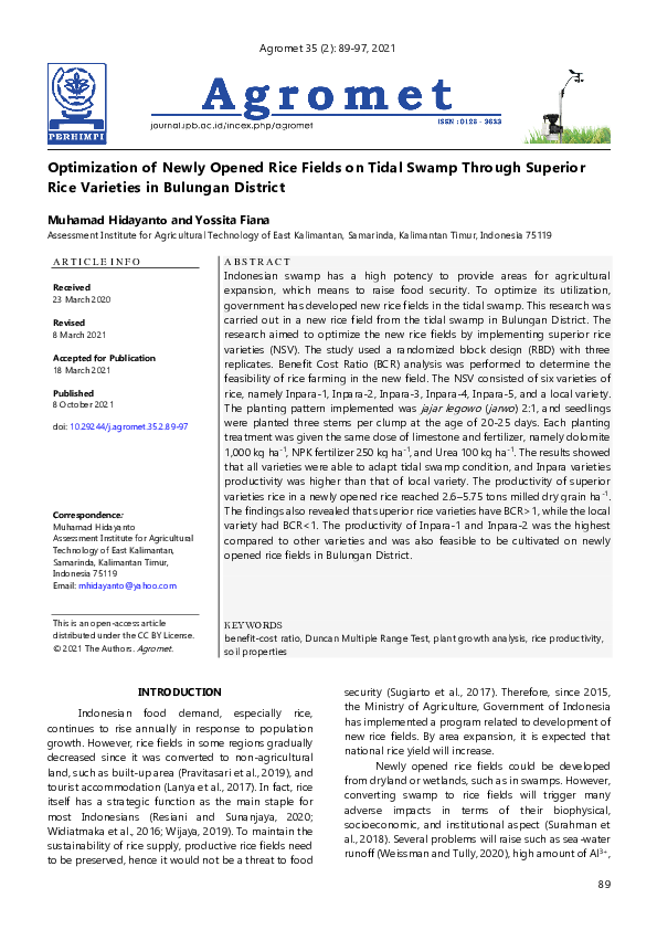 (PDF) Optimization of Newly Opened Rice Fields on Tidal Swamp Through ...