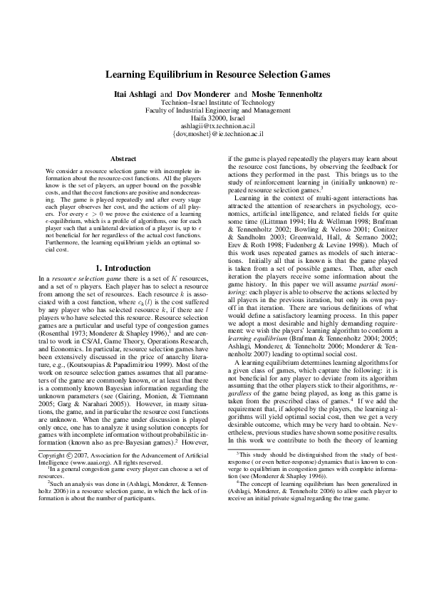 (PDF) Learning Equilibrium in Resource Selection Games D Monderer Academia.edu