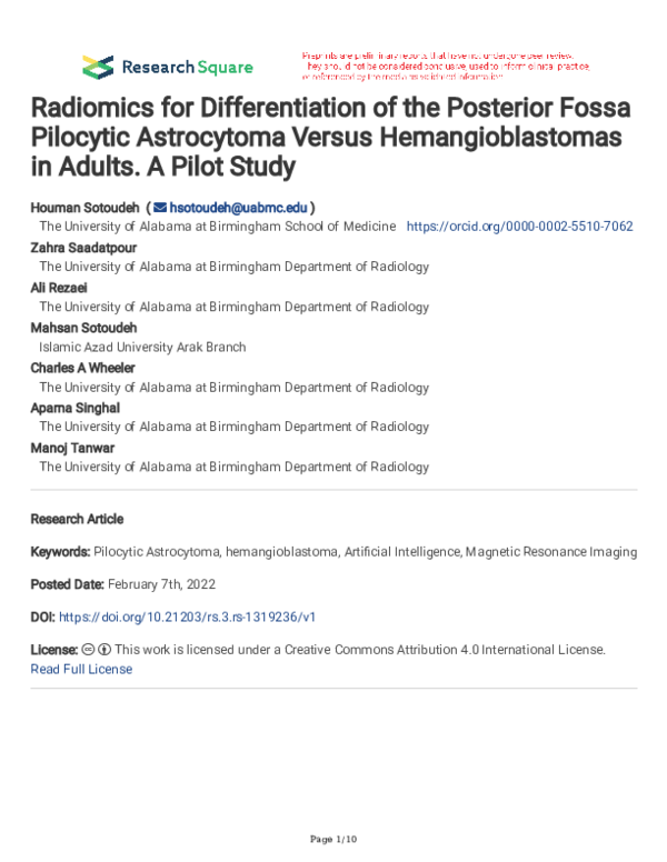 (PDF) Radiomics for Differentiation of the Posterior Fossa Pilocytic ...