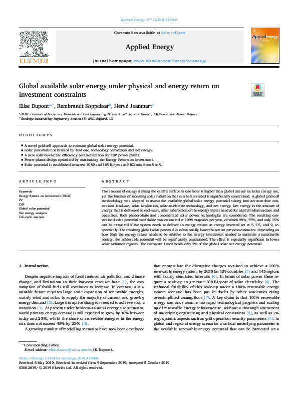 (PDF) Global available solar energy under physical and energy return on