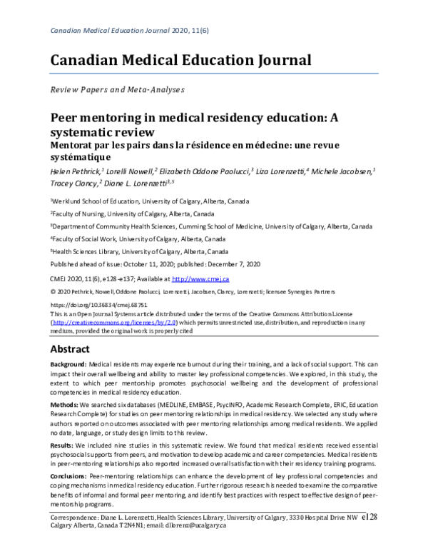 (PDF) Peer mentoring in medical residency education: A systematic review