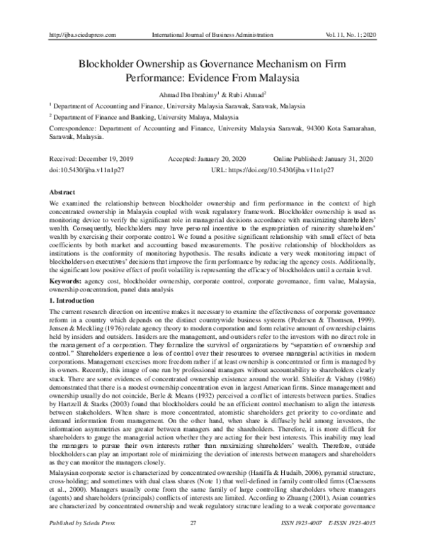 (PDF) Blockholder Ownership as Governance Mechanism on Firm Performance ...