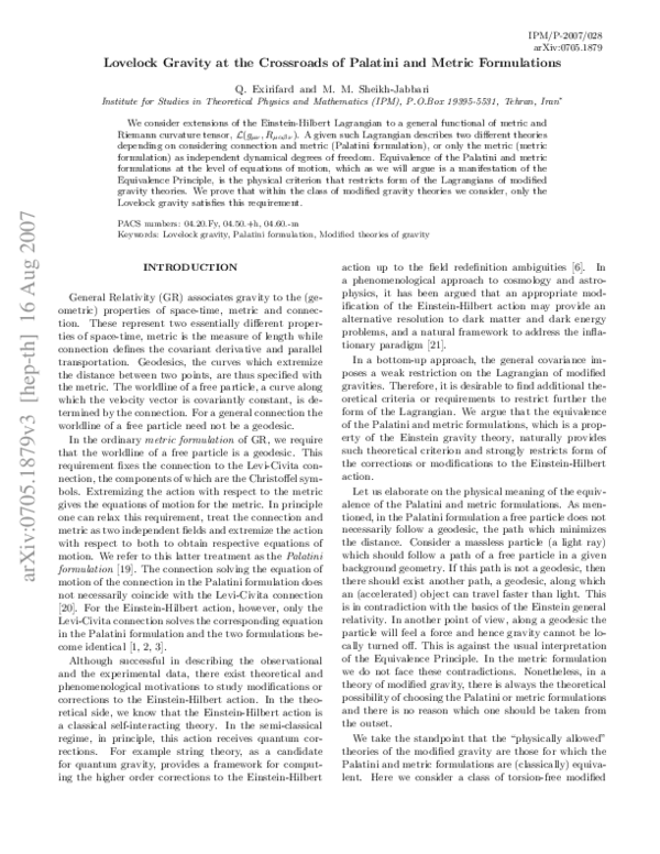 (PDF) Lovelock gravity at the crossroads of Palatini and metric ...
