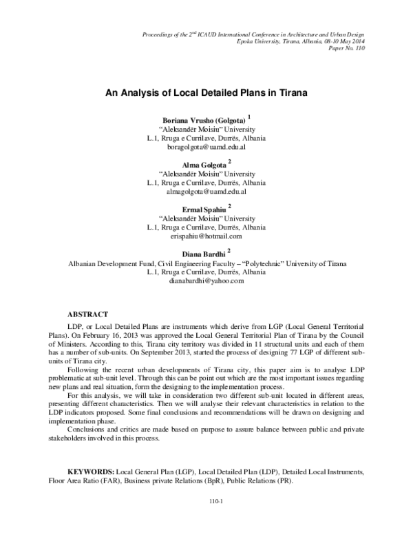 (PDF) An Analysis of Local Detailed Plans in Tirana | Alma L Golgota ...