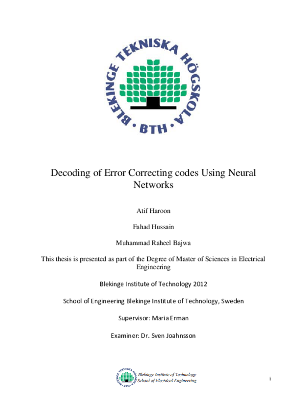 (PDF) Decoding of Error Correcting codes Using Neural Networks
