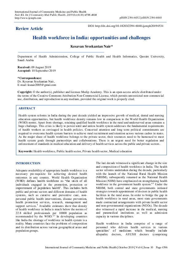 (PDF) Health workforce in India: opportunities and challenges