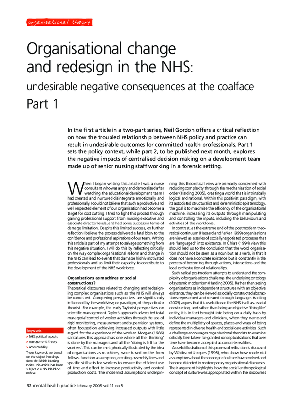(PDF) Organisational change and redesign in the NHS: undesirable ...