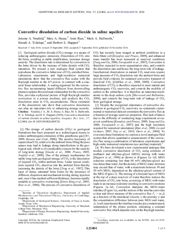 (PDF) Convective dissolution of carbon dioxide in saline aquifers