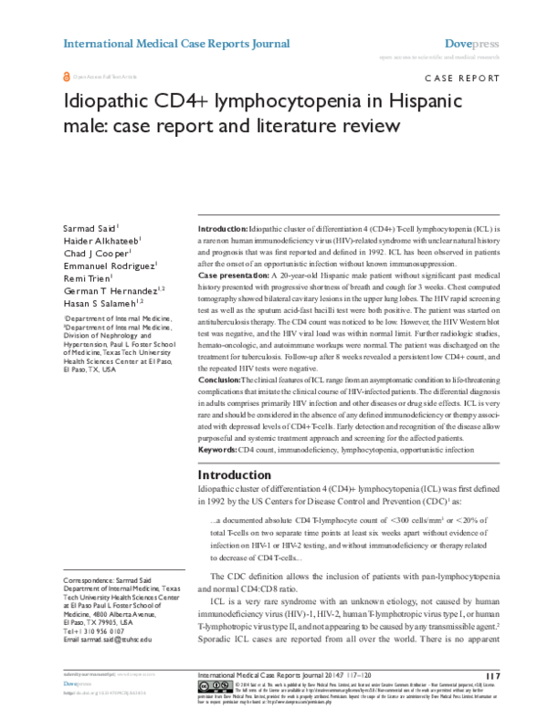 (PDF) Idiopathic CD4+ lymphocytopenia in Hispanic male: case report and ...
