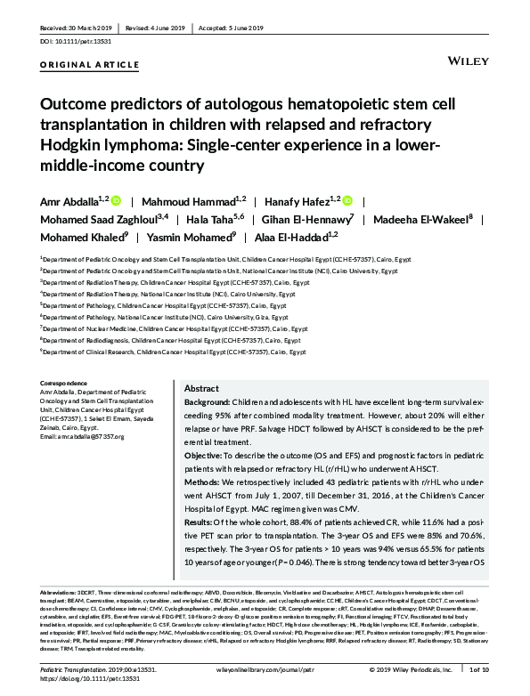 (PDF) Outcome predictors of autologous hematopoietic stem cell ...