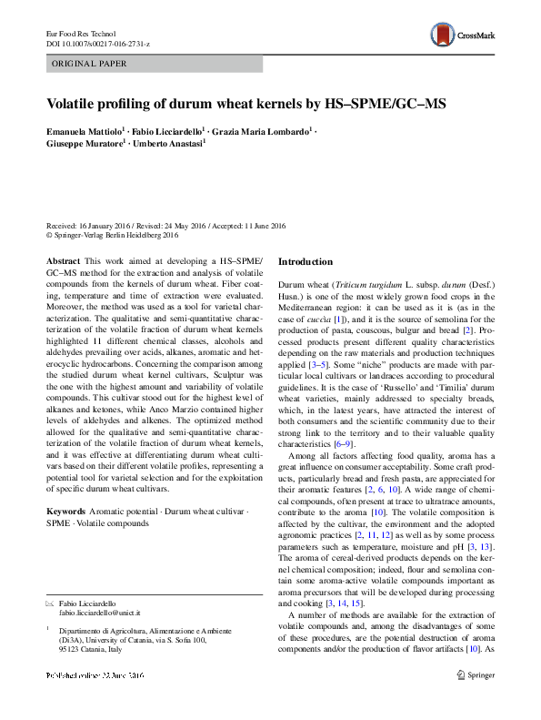 (PDF) Volatile profiling of durum wheat kernels by HS–SPME/GC–MS
