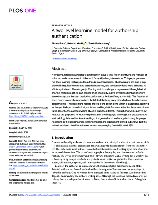 (PDF) A two level learning model for authorship authentication