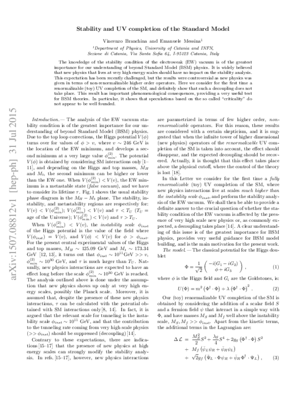 (PDF) Stability and UV completion of the Standard Model