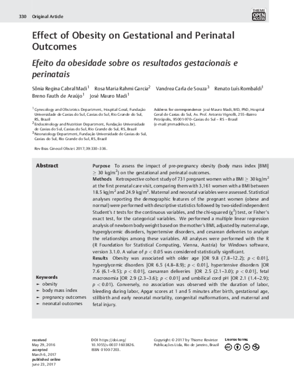 (PDF) Effect of Obesity on Gestational and Perinatal Outcomes