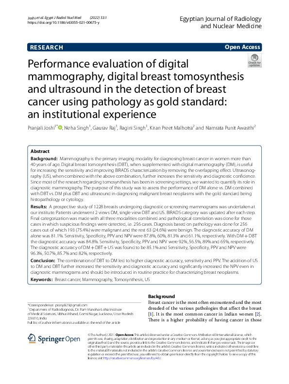 (PDF) Performance evaluation of digital mammography, digital breast ...