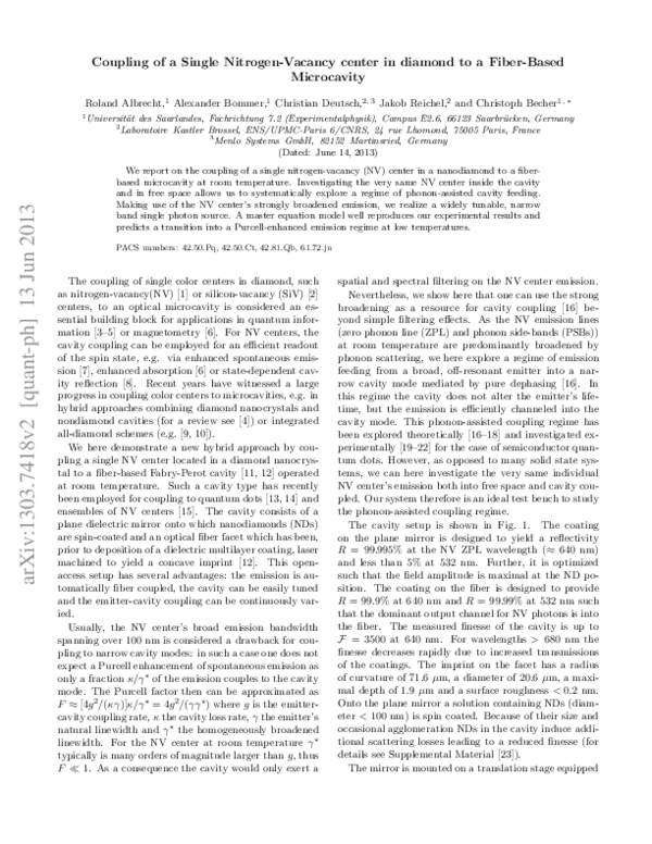 (PDF) Coupling of a Single Nitrogen-Vacancy Center in Diamond to a ...