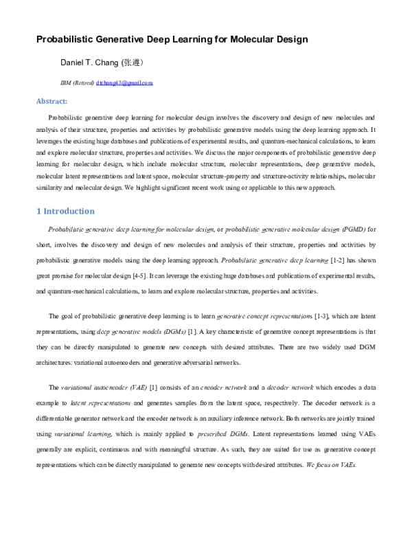 (PDF) Probabilistic Generative Deep Learning for Molecular Design