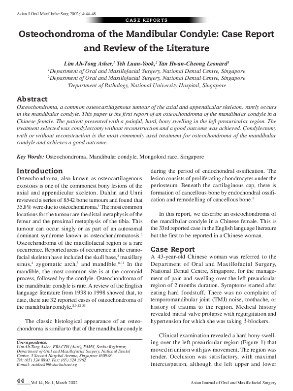 (PDF) Osteochondroma of the Mandibular Condyle: Case Report and Review ...