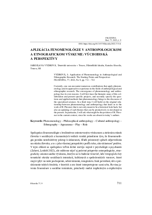 Aplikácia fenomenológie v antropologickom a etnografickom výskume: východiská a perspektívy