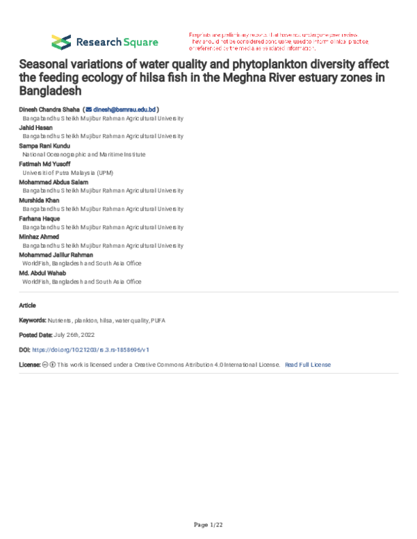 (PDF) Seasonal variations of water quality and phytoplankton diversity ...