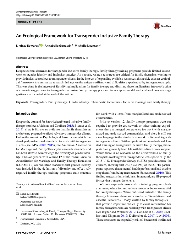 (PDF) An Ecological Framework for Transgender Inclusive Family Therapy