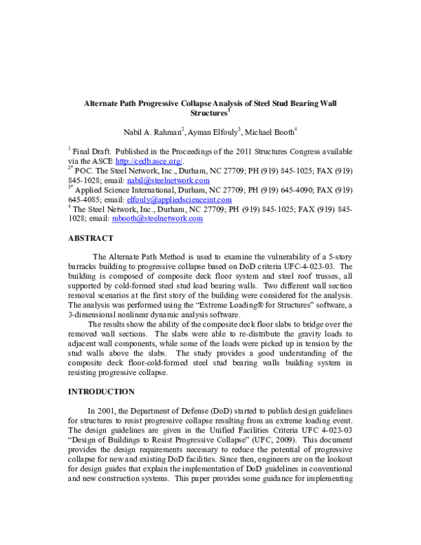 (PDF) Alternate Path Progressive Collapse Analysis of Steel Stud ...