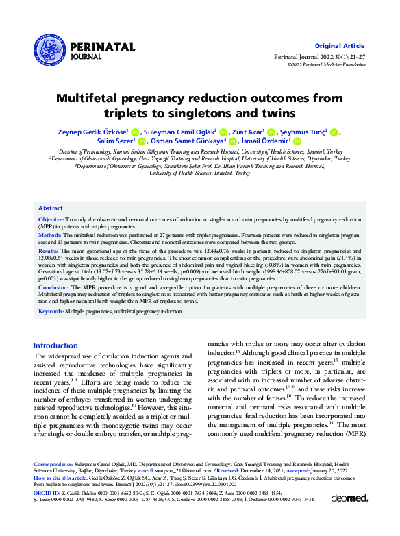 (PDF) Multifetal pregnancy reduction from triplets to