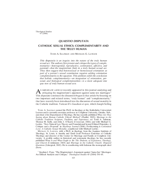 (PDF) Quaestio Disputata Catholic Sexual Ethics Complementarity and