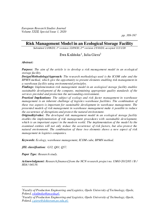(PDF) Risk Management Model in an Ecological Storage Facility