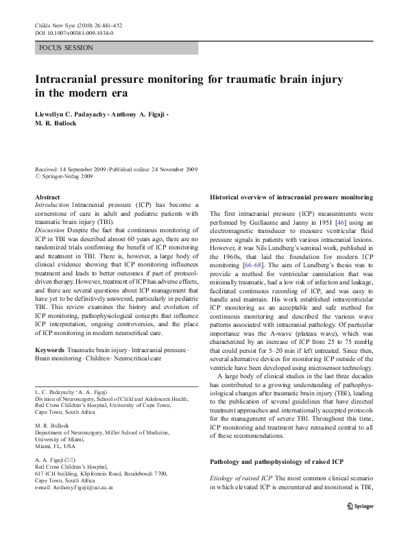 (PDF) Intracranial pressure monitoring for traumatic brain injury in ...