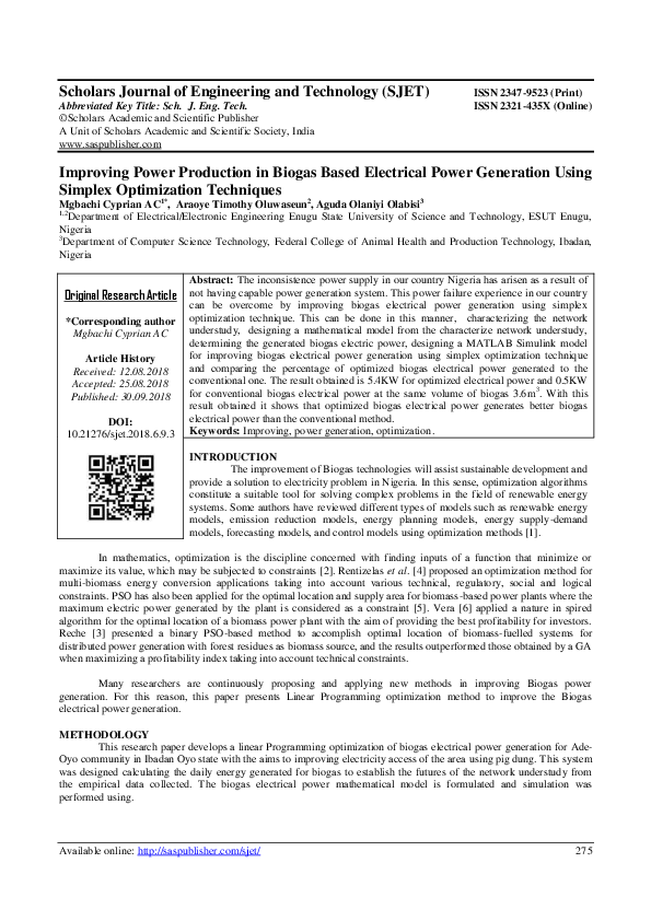 (PDF) Improving Power Production in Biogas Based Electrical Power ...