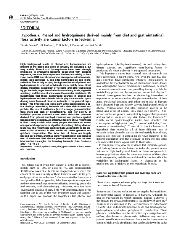 (PDF) Hypothesis Phenol and hydroquinone derived mainly from diet and