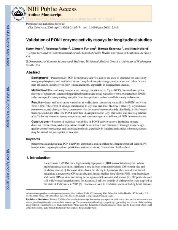 (PDF) Validation of PON1 enzyme activity assays for longitudinal studies
