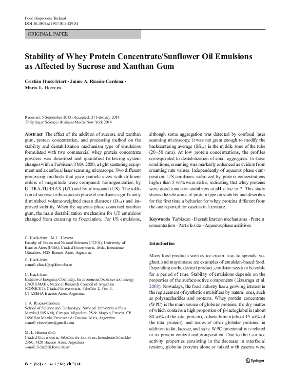 (PDF) Stability of Whey Protein Concentrate/Sunflower Oil Emulsions as