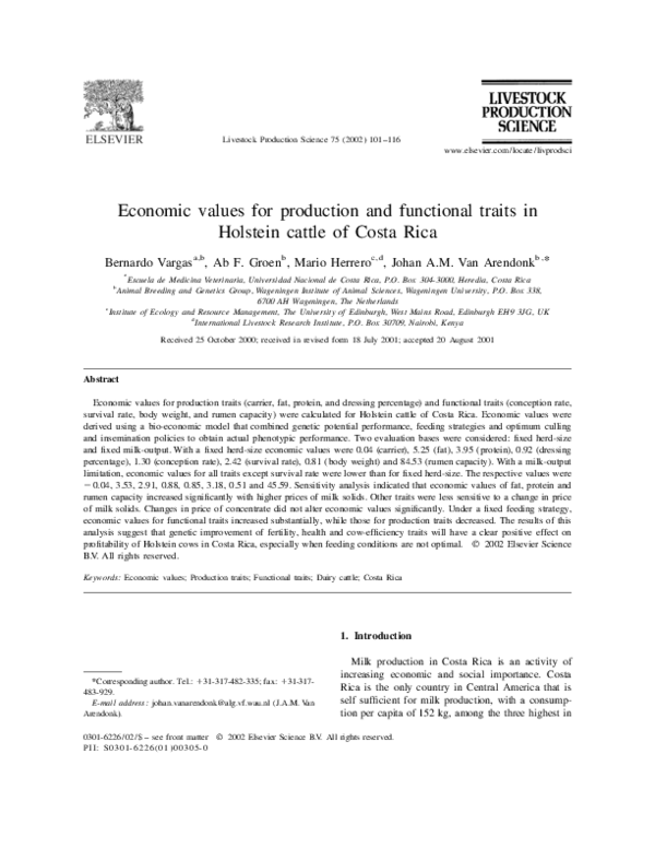 (PDF) Economic values for production and functional traits in Holstein ...
