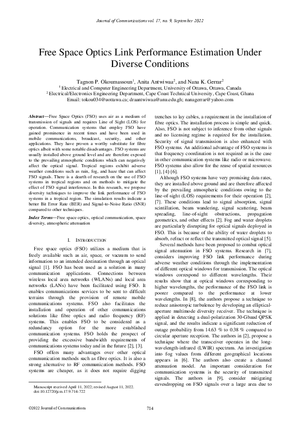(PDF) Free Space Optics Link Performance Estimation Under Diverse ...