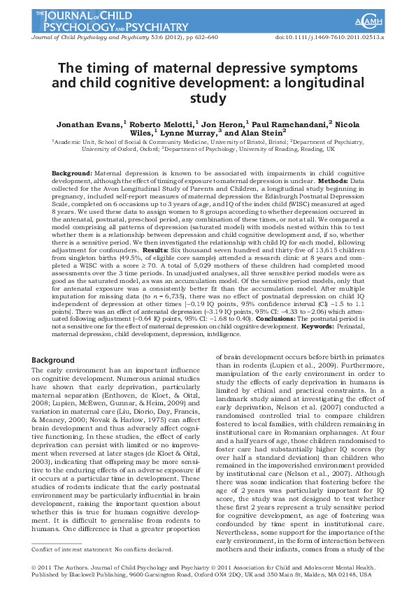 (PDF) The timing of maternal depressive symptoms and child cognitive ...