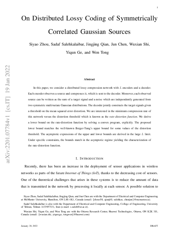 (PDF) On Distributed Lossy Coding of Symmetrically Correlated Gaussian ...