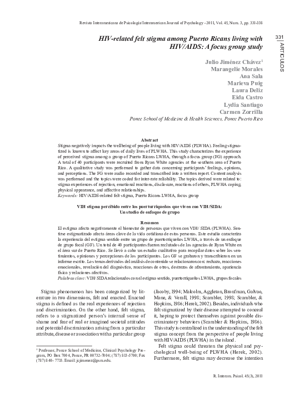 HIV-related felt stigma among Puerto Ricans living with HIV/AIDS: A focus group study