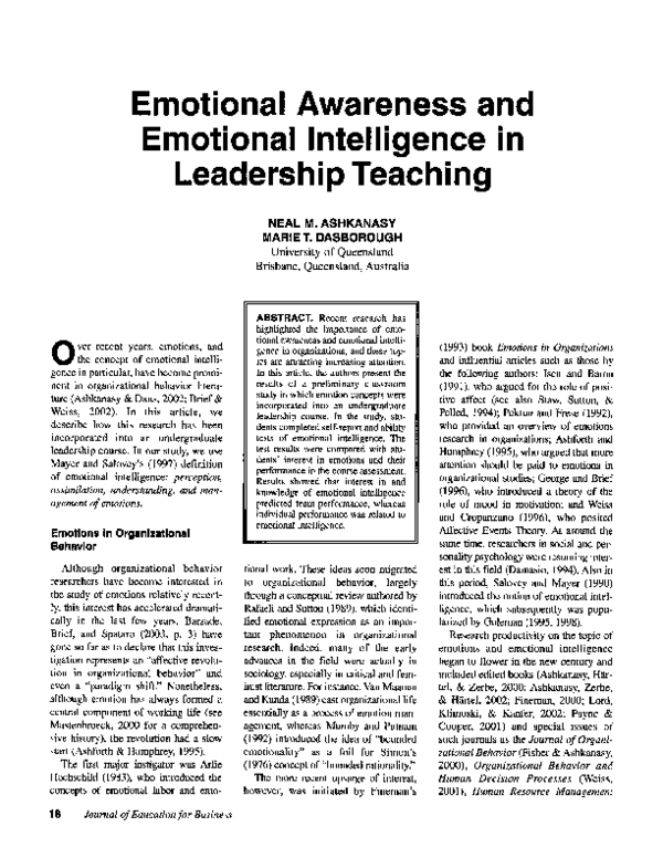 (PDF) Emotional Awareness and Emotional Intelligence in Leadership Teaching