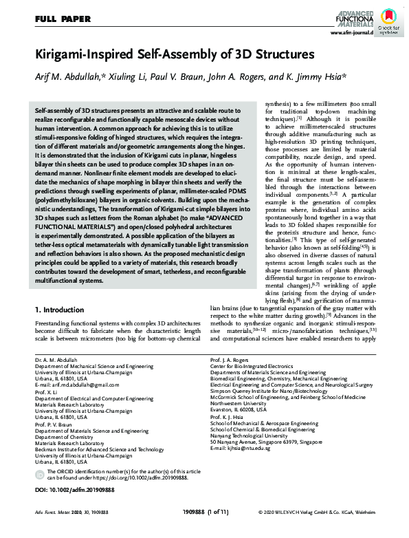 (PDF) Kirigami‐Inspired Self‐Assembly of 3D Structures