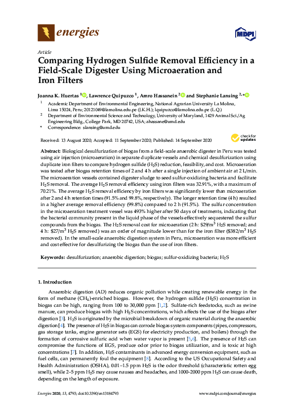 (PDF) Comparing Hydrogen Sulfide Removal Efficiency in a Field-Scale ...