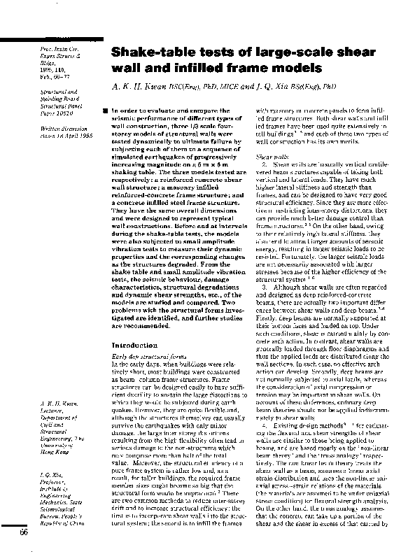 (PDF) Shake-Table Tests of Large-Scale Shear Wall and Infilled Frame Models