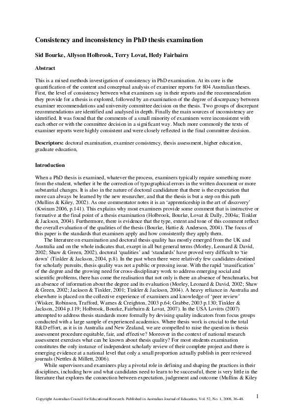 (PDF) Consistency and Inconsistency in PhD Thesis Examination