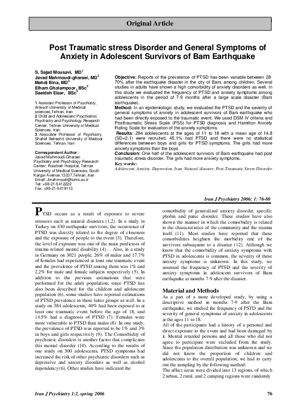 (PDF) post traumatic stress disorder and general symptoms of anxiety in ...