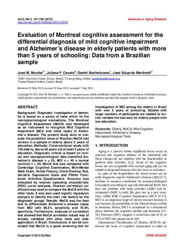 (PDF) Evaluation of Montreal cognitive assessment for the differential ...