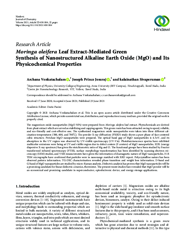 (PDF) Moringa oleifera Leaf Extract-Mediated Green Synthesis of ...
