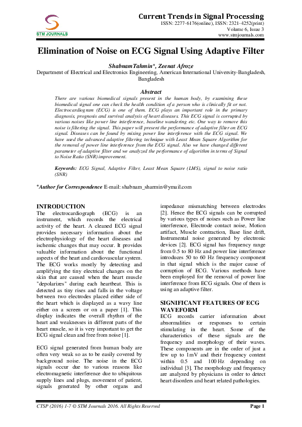 (PDF) Elimination of Noise on ECG Signal Using Adaptive Filter