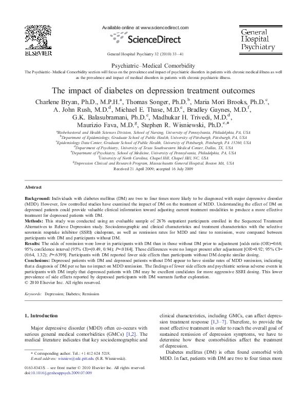 (PDF) The impact of diabetes on depression treatment outcomes