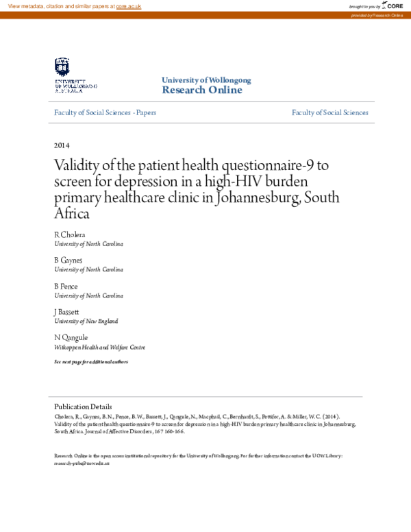 (PDF) Validity of the patient health questionnaire-9 to screen for ...